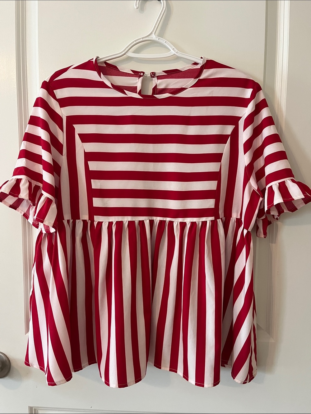 Red and White Striped Ruffle Sleeve Peplum Top